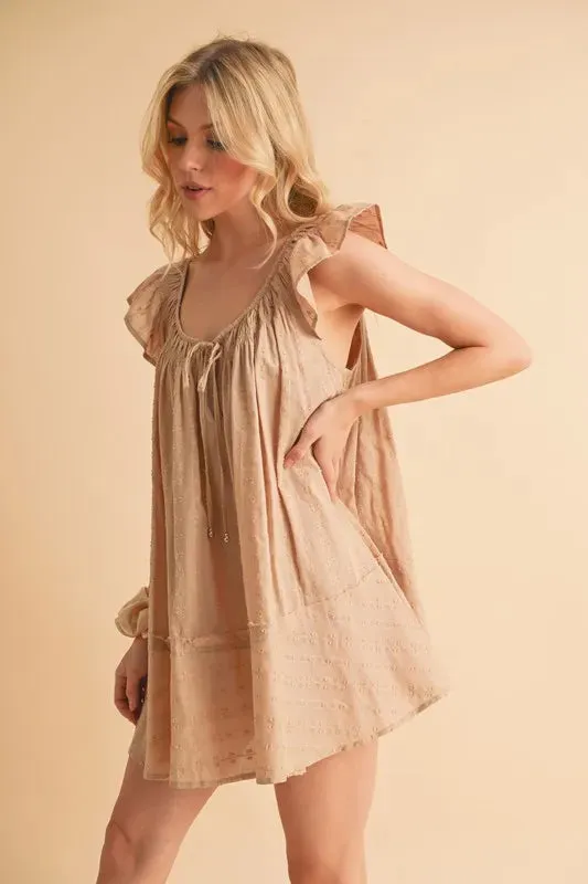 Beige Cotton Ruffled Cap Sleeve Tunic Mini Dress – Lightweight Summer Style