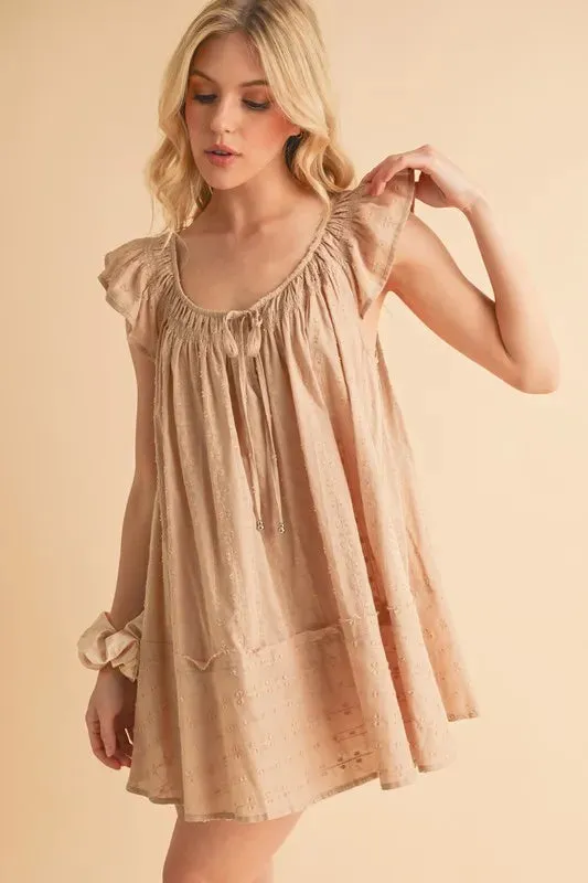 Beige Cotton Ruffled Cap Sleeve Tunic Mini Dress – Lightweight Summer Style