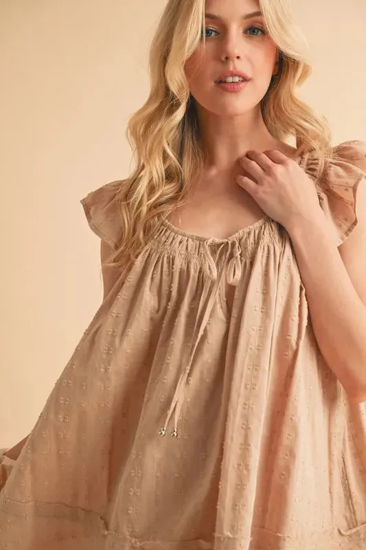 Beige Cotton Ruffled Cap Sleeve Tunic Mini Dress – Lightweight Summer Style