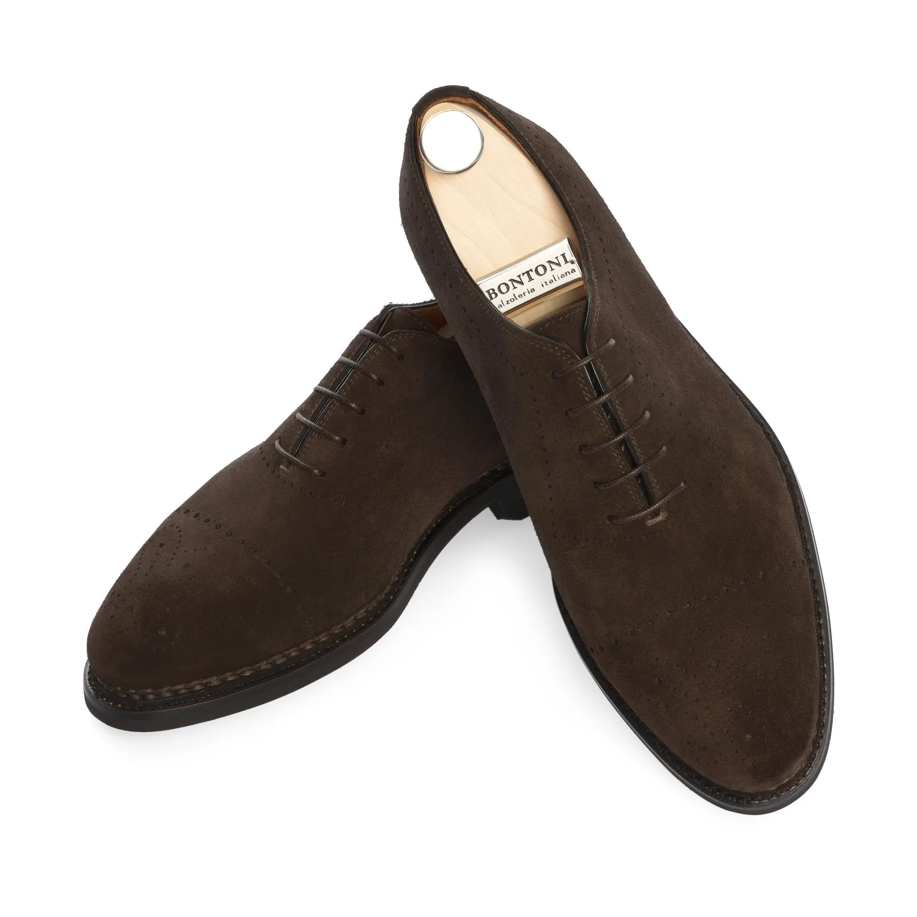 «Brera» Five-Eyelet Oxford Suede Shoes with Perforated Details and Medallion in Dark Brown