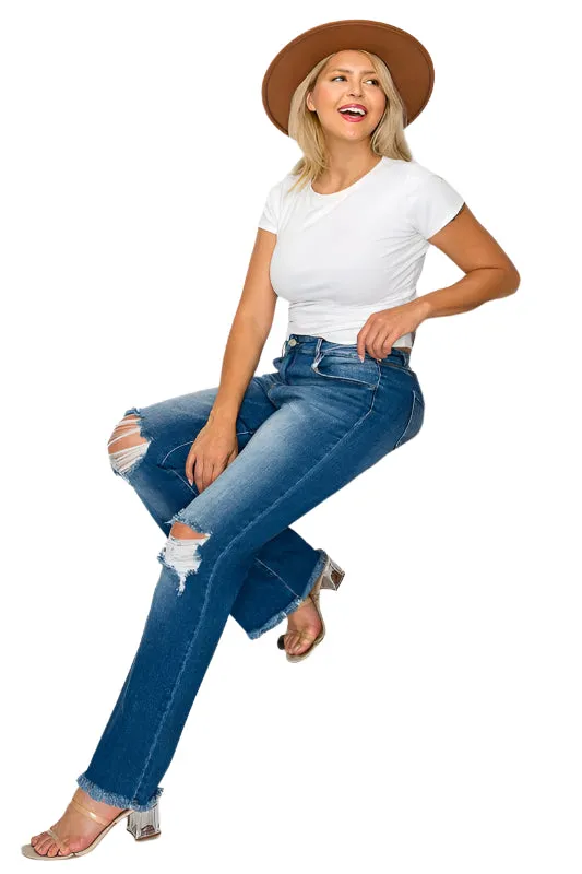 bytos Full Size Raw Hem Distressed High Rise Bootcut Jeans