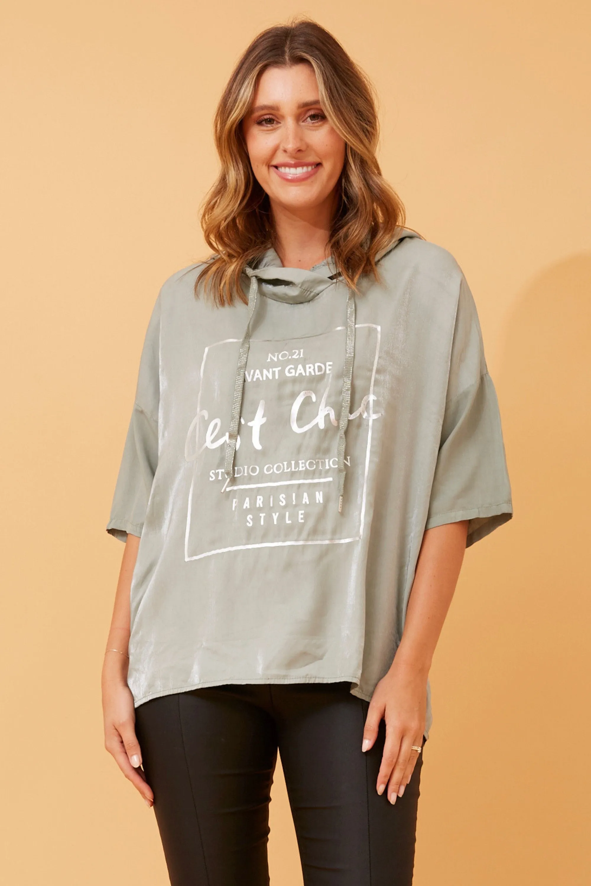 Graphic Foil Print Hooded Top - White