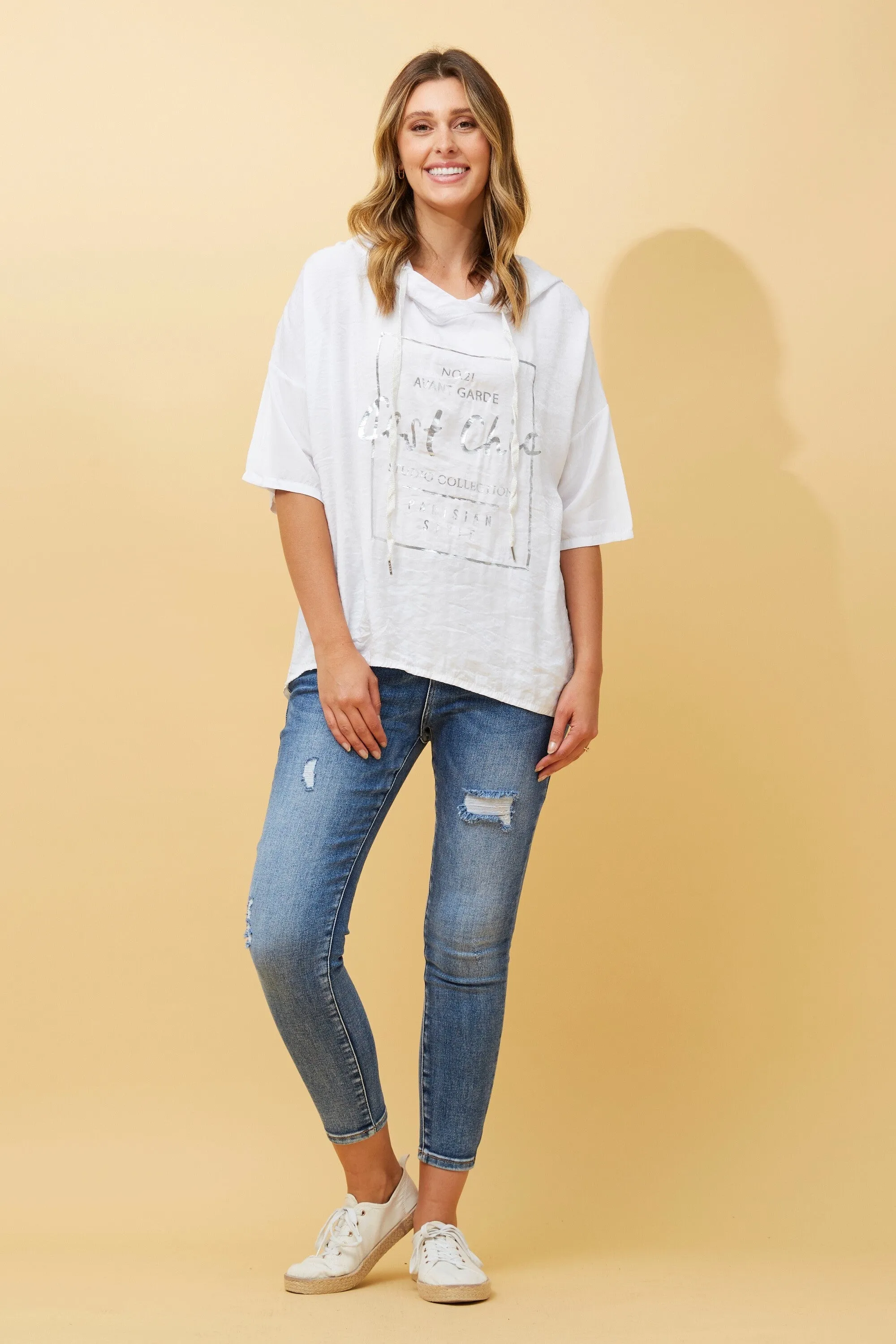 Graphic Foil Print Hooded Top - White