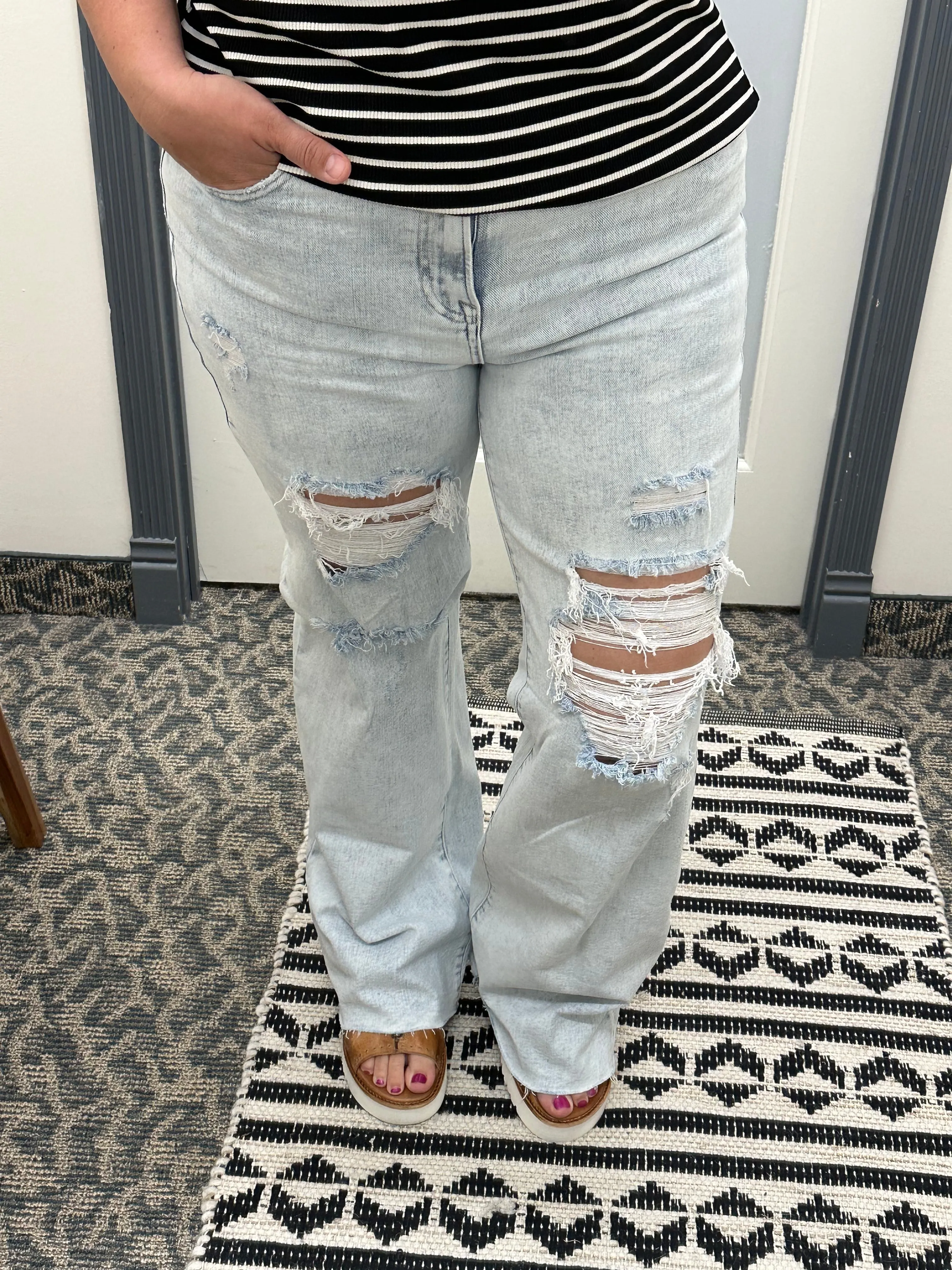 High Rise Wide Leg Distressed Long Jeans (Risen)