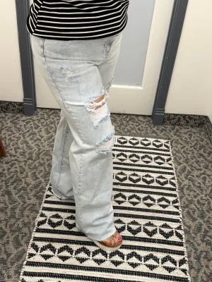 High Rise Wide Leg Distressed Long Jeans (Risen)
