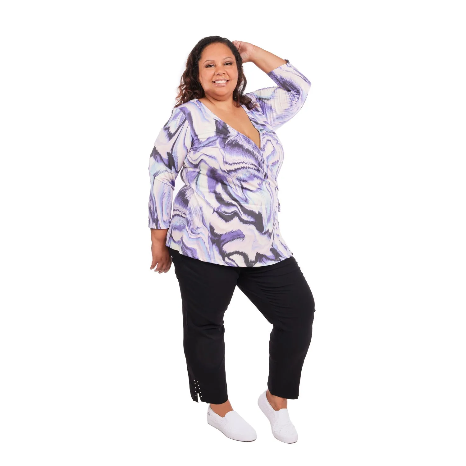 Inner Beauty Plus 3/4 Sleeve Surplice Front V-Neck Mauve Marble Top