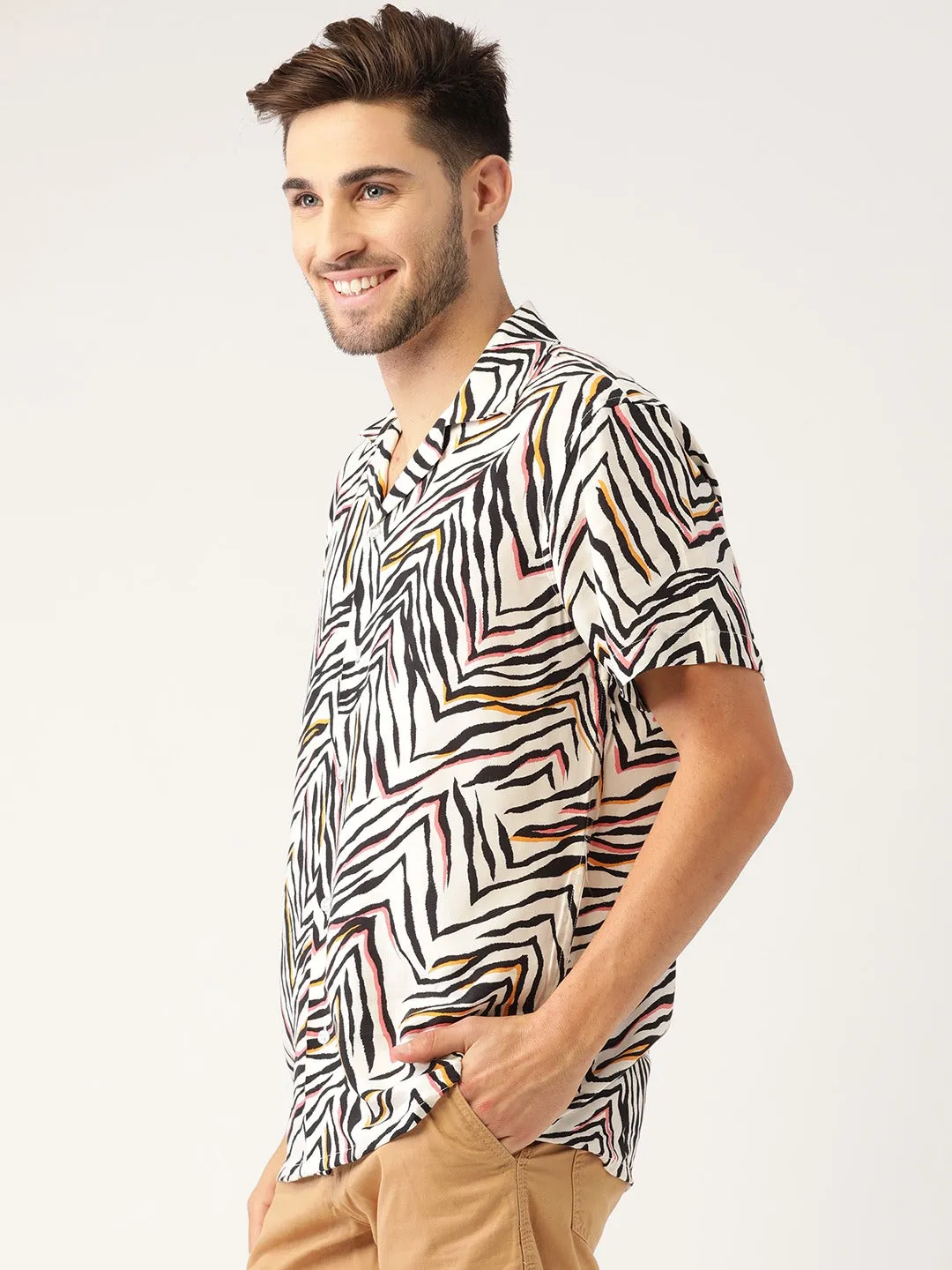Men Black Printed Viscose Rayon Relaxed Fit Casual Resort Shirt