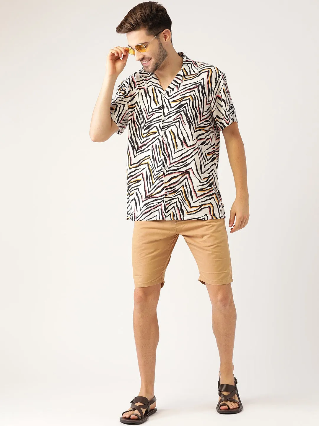 Men Black Printed Viscose Rayon Relaxed Fit Casual Resort Shirt
