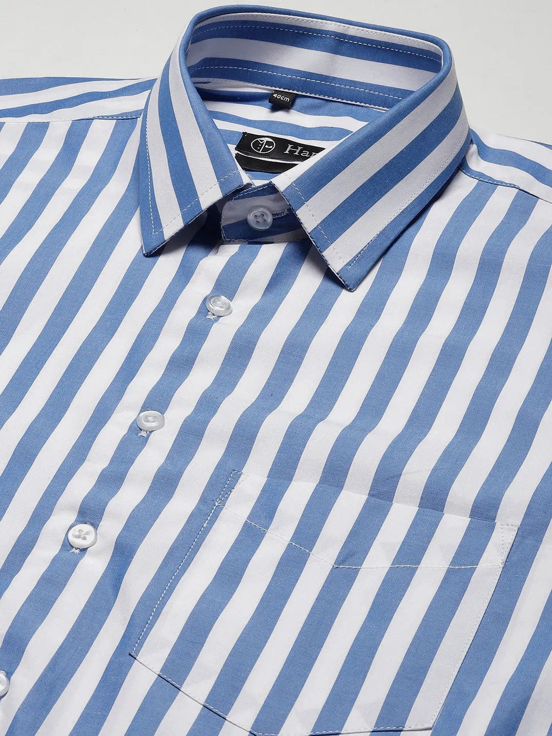Men Blue & White Striped Pure Cotton Slim Fit Formal Shirt