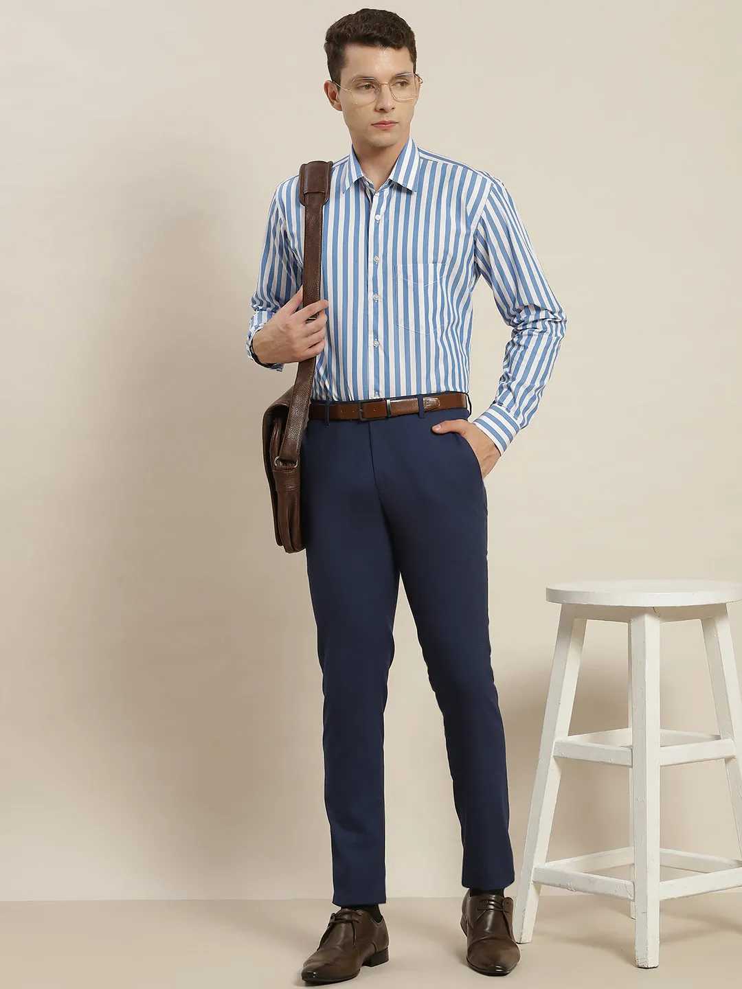 Men Blue & White Striped Pure Cotton Slim Fit Formal Shirt