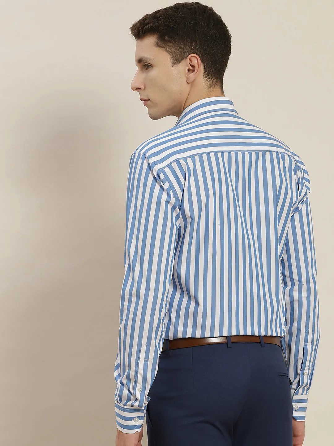 Men Blue & White Striped Pure Cotton Slim Fit Formal Shirt