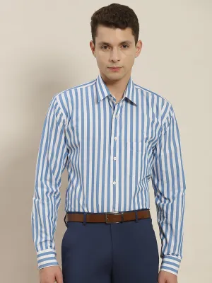 Men Blue & White Striped Pure Cotton Slim Fit Formal Shirt