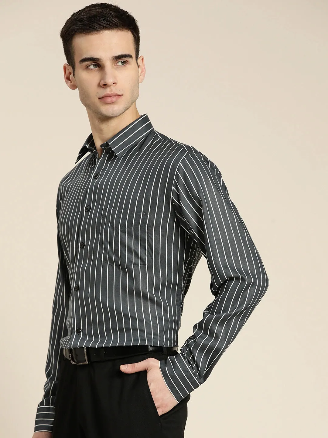 Men Grey Striped Pure Cotton Slim Fit Formal Shirt