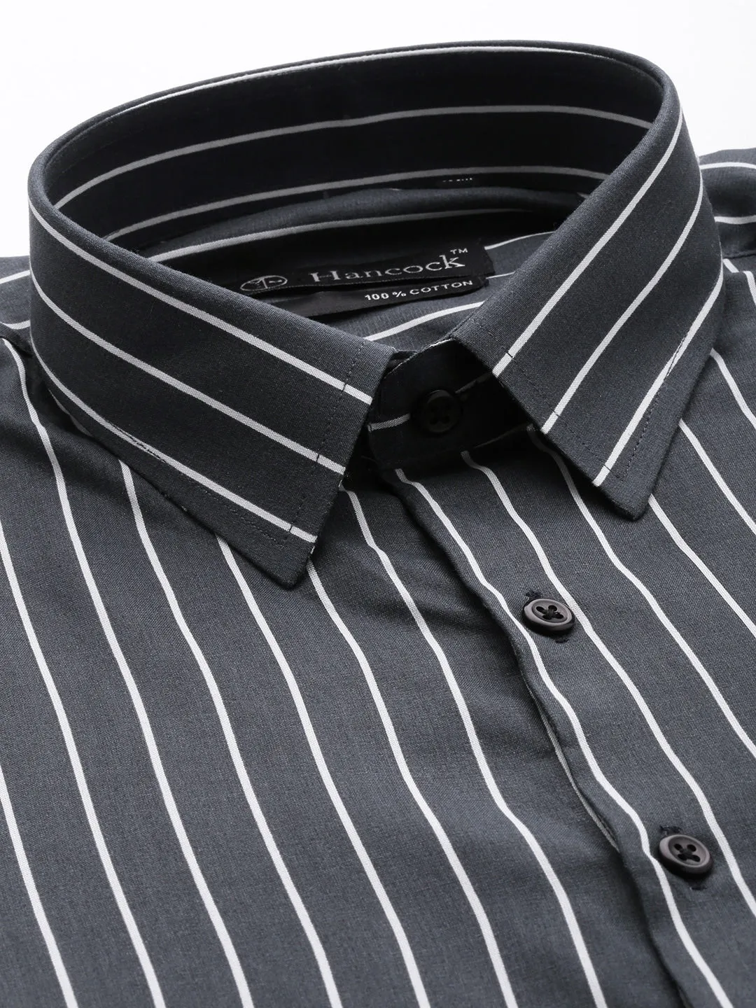 Men Grey Striped Pure Cotton Slim Fit Formal Shirt
