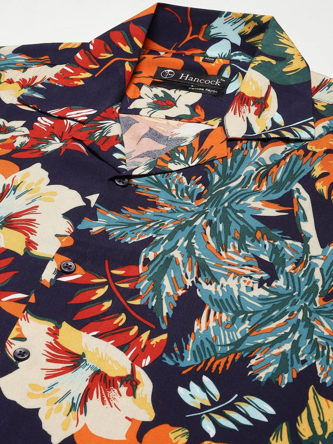 Men Navy & Blue Printed Viscose Rayon Regular Fit Casual Resort Shirt