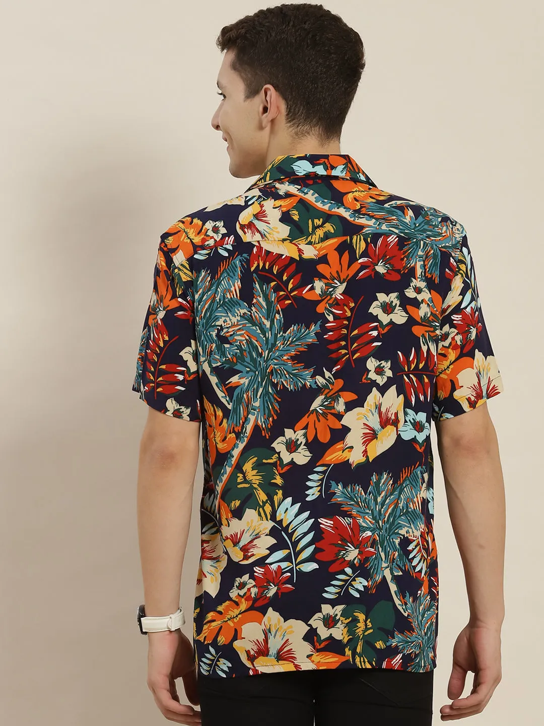 Men Navy & Blue Printed Viscose Rayon Regular Fit Casual Resort Shirt