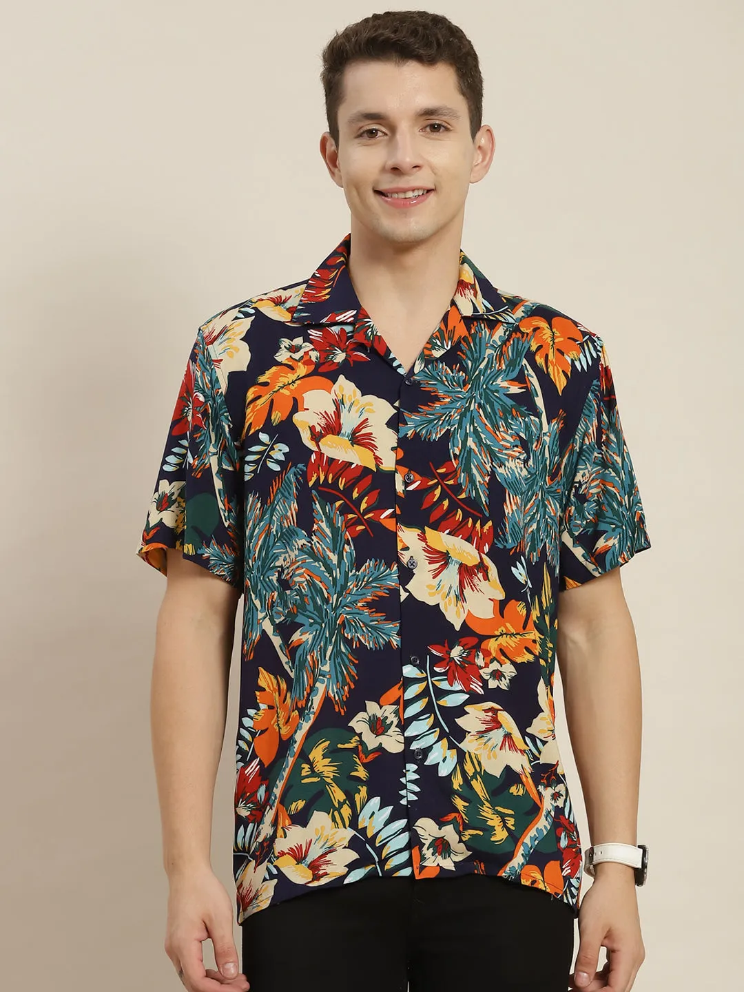 Men Navy & Blue Printed Viscose Rayon Regular Fit Casual Resort Shirt