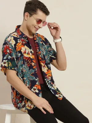 Men Navy & Blue Printed Viscose Rayon Regular Fit Casual Resort Shirt