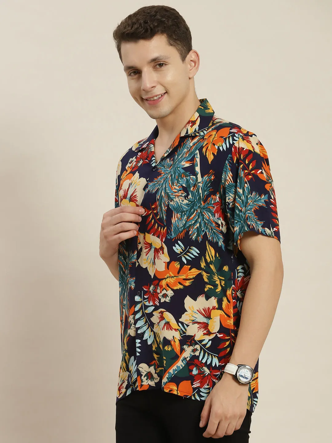 Men Navy & Blue Printed Viscose Rayon Regular Fit Casual Resort Shirt