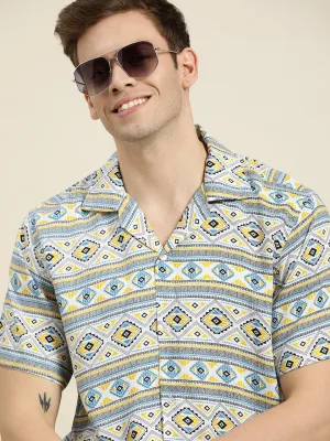 Men White-Blue Prints Viscose Rayon Relaxed Fit Casual Resort Shirt