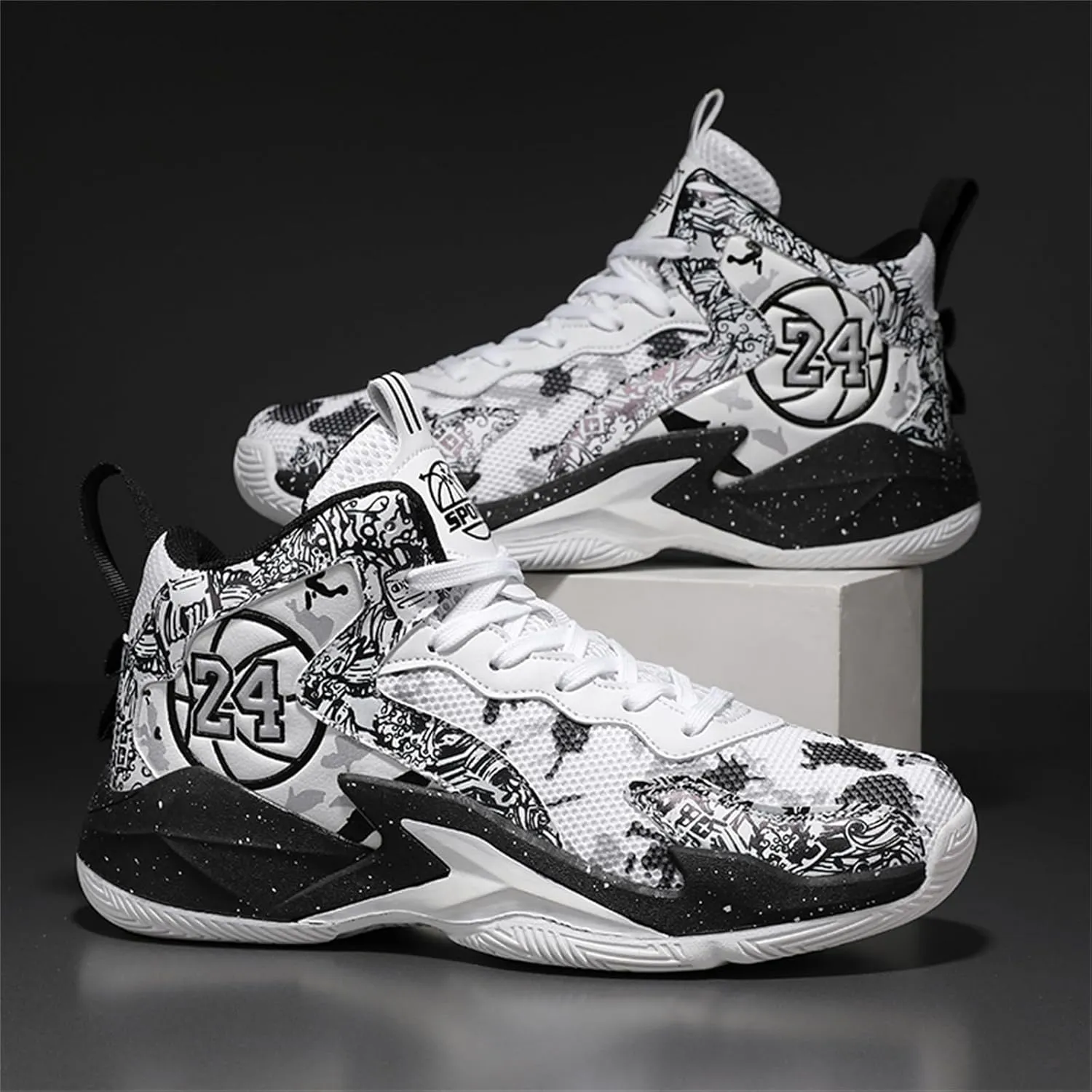 Mens Graffiti High Top Basketball Shoes Lightweight Breathable Sports Sneakers for Workout Gym Tennis Walking Running Shoes