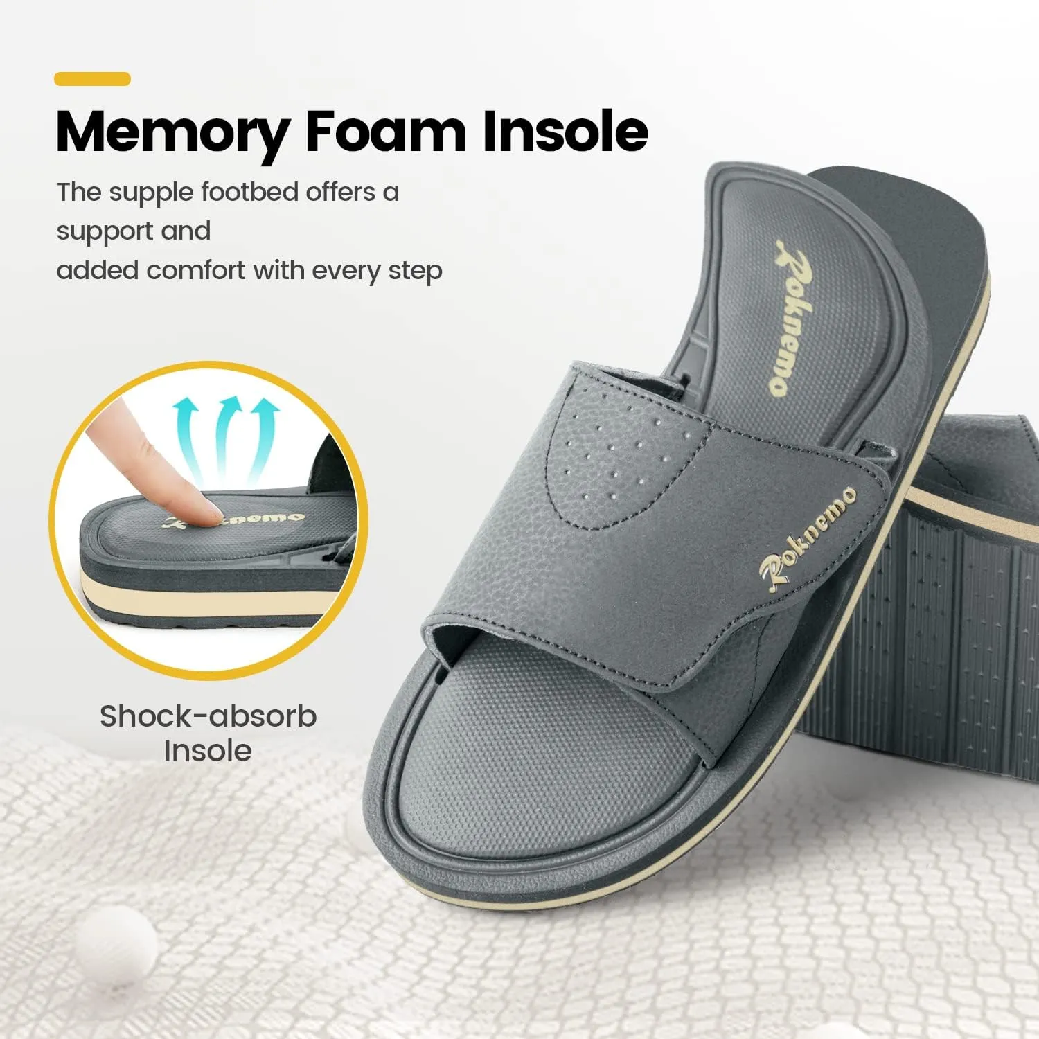 Mens Slide Sandals Adjustable Athletic Casual Comfort Lightweight Open Toe Slides Sport Sandals with Memory Foam Soft Cushion Footbed