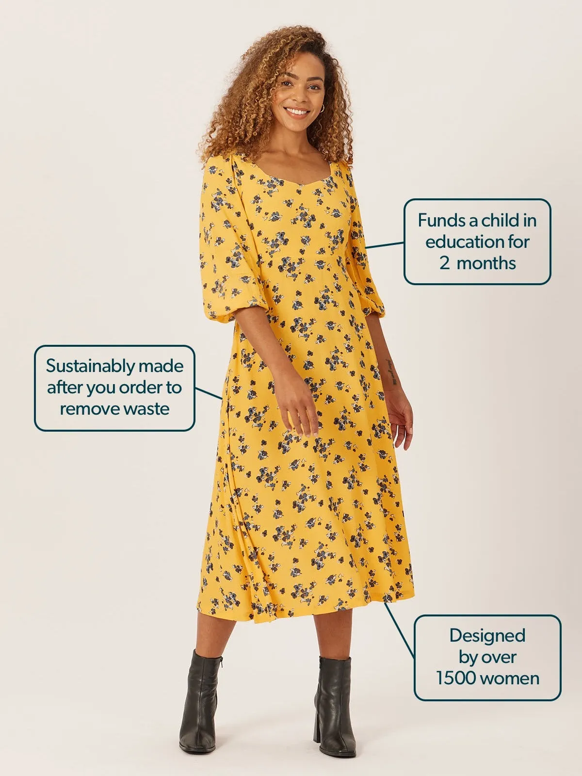 Molly - Sweetheart Midi Dress - Yellow Floral