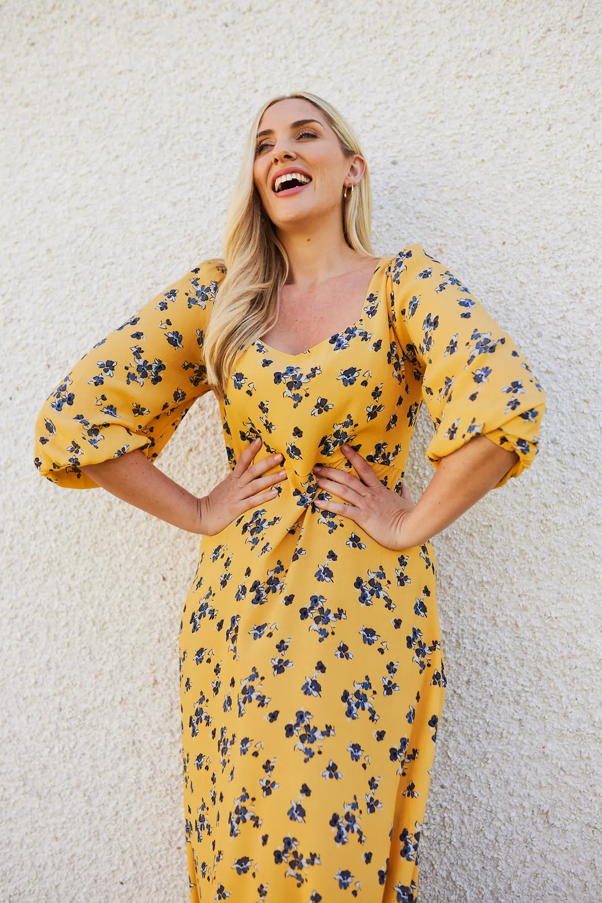 Molly - Sweetheart Midi Dress - Yellow Floral