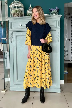 Molly - Sweetheart Midi Dress - Yellow Floral