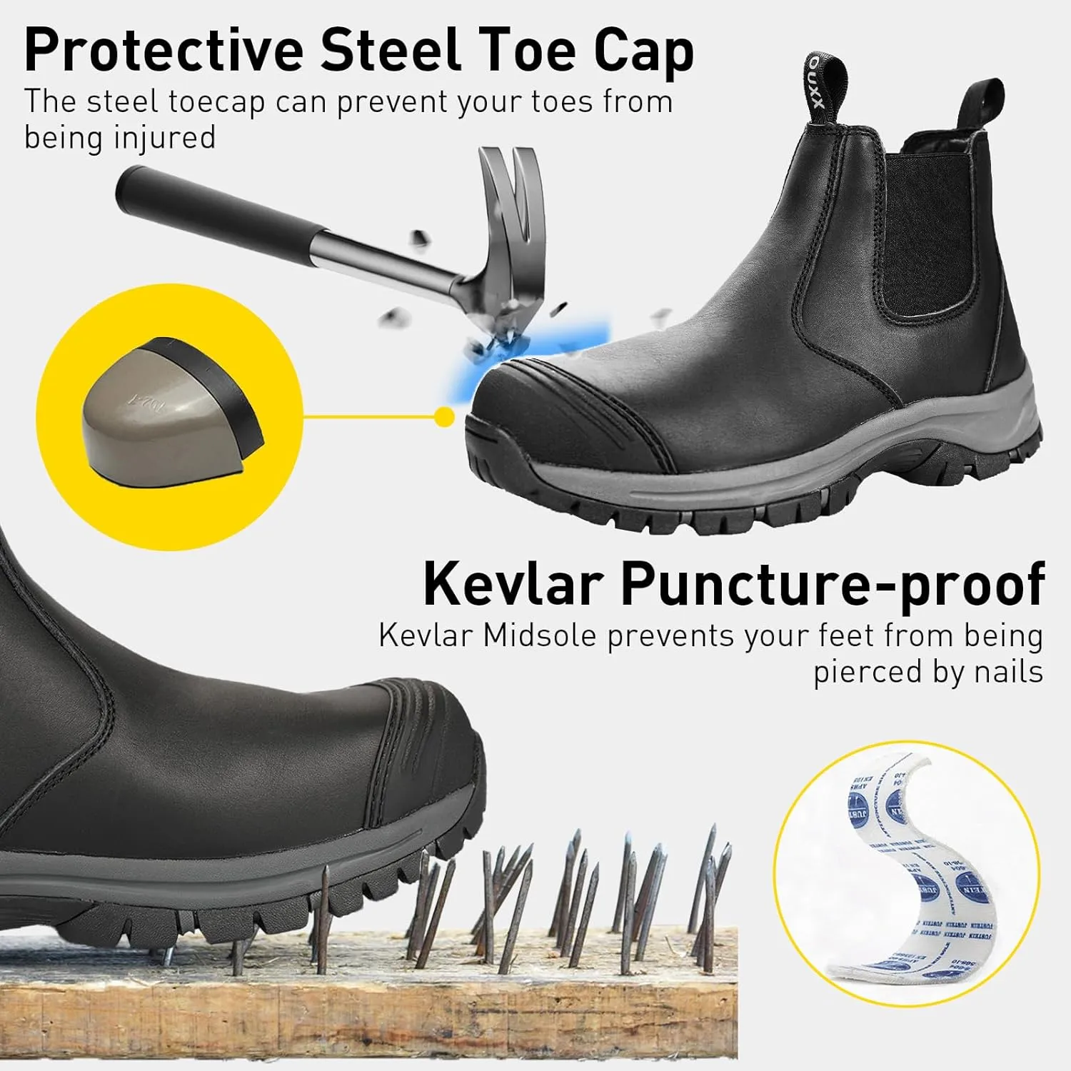 OUXX Steel Toe Chelsea Work Boots for Men  Slip-On Safety Boot, Waterproof Leather, Slip-Resistant Sole, Kevlar Puncture-Proof Midsole, ASTM F2413-18 EH Rated