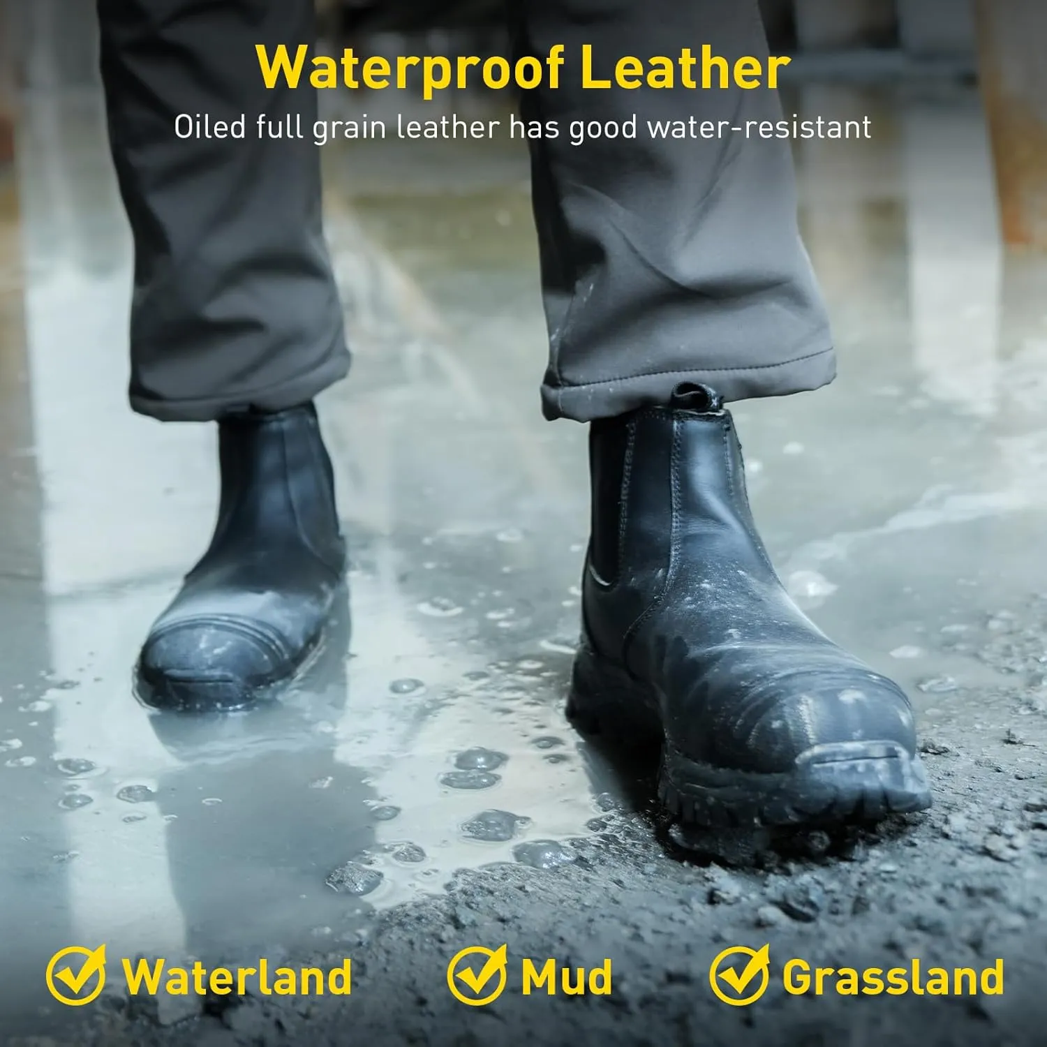 OUXX Steel Toe Chelsea Work Boots for Men  Slip-On Safety Boot, Waterproof Leather, Slip-Resistant Sole, Kevlar Puncture-Proof Midsole, ASTM F2413-18 EH Rated