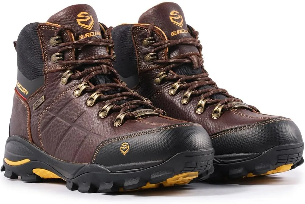 SUREWAY Men's 6" Soft/Steel Toe Heavy Duty Waterproof Work Boot - Leather,Lace Up,Oil/Slip Resistant Dual-Density Comfortable EH Construction Industrial Ankle Safety Men Work Boots,Roofing, Hunting