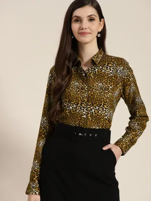 Women Mustard Printed Viscose Rayon Regular Fit Formal Shirt