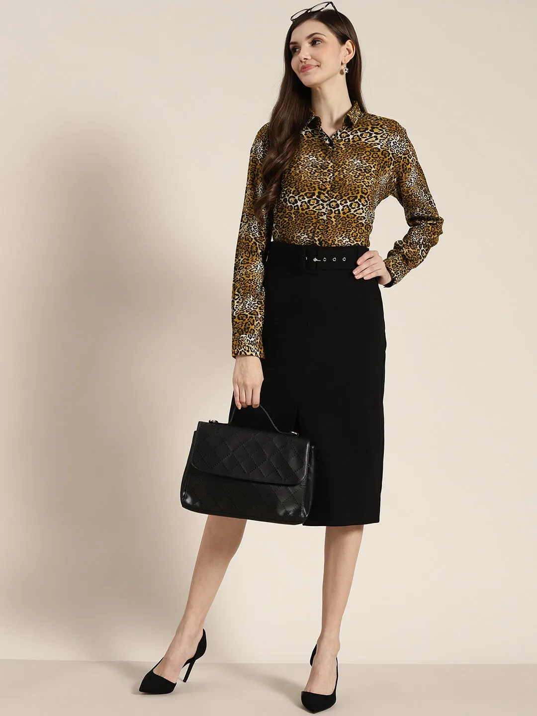 Women Mustard Printed Viscose Rayon Regular Fit Formal Shirt