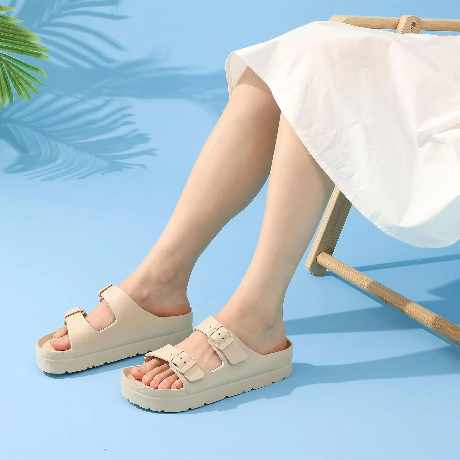 Women's Platform Sandals with Arch Support, Chunky Lightweight Foam Slip on Slides, Comfortable Summer Beach Sandals with Adjustable Buckle