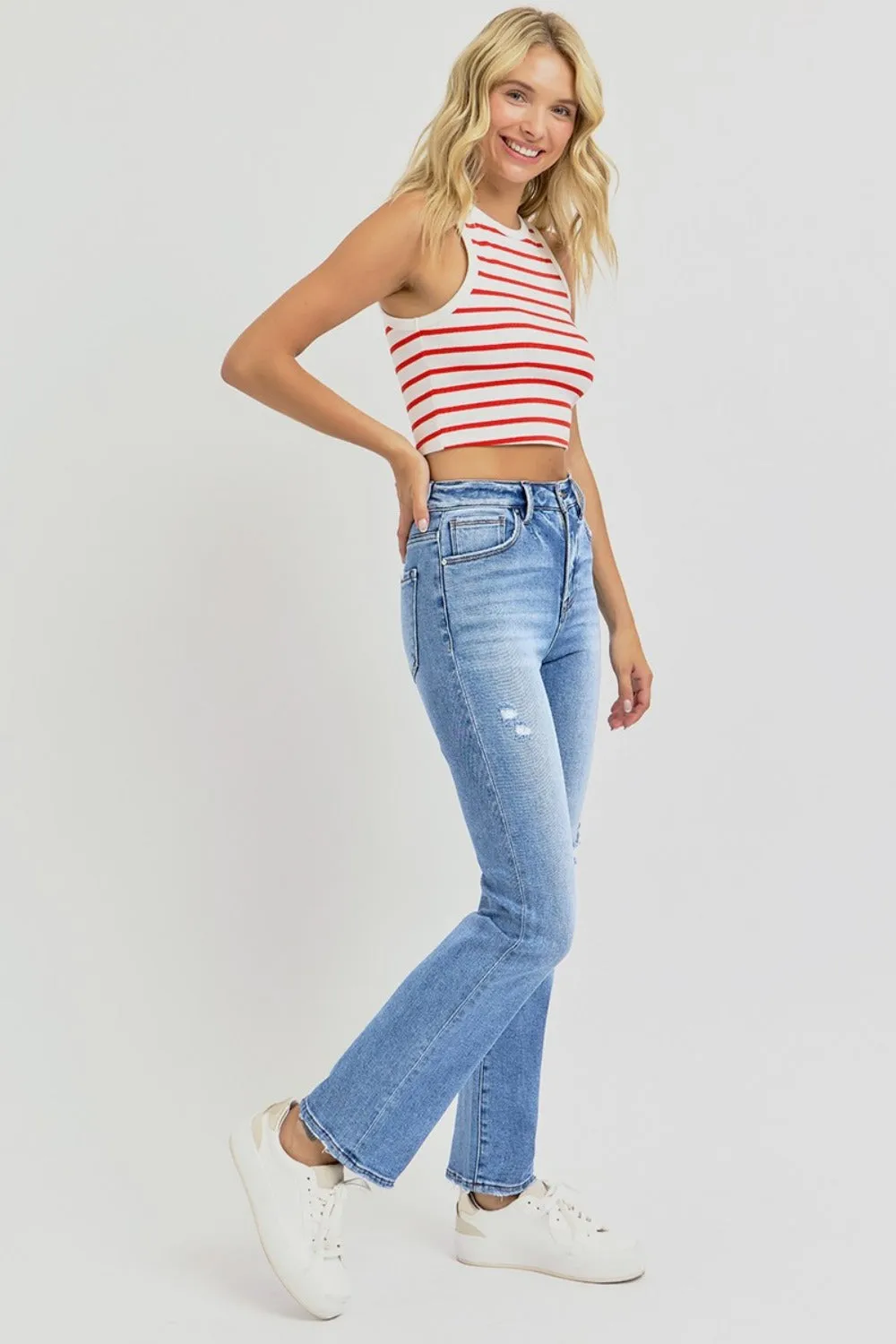 Womens RISEN Full Size Distressed High-Rise Ankle Straight Jeans (0(24)-3XL)