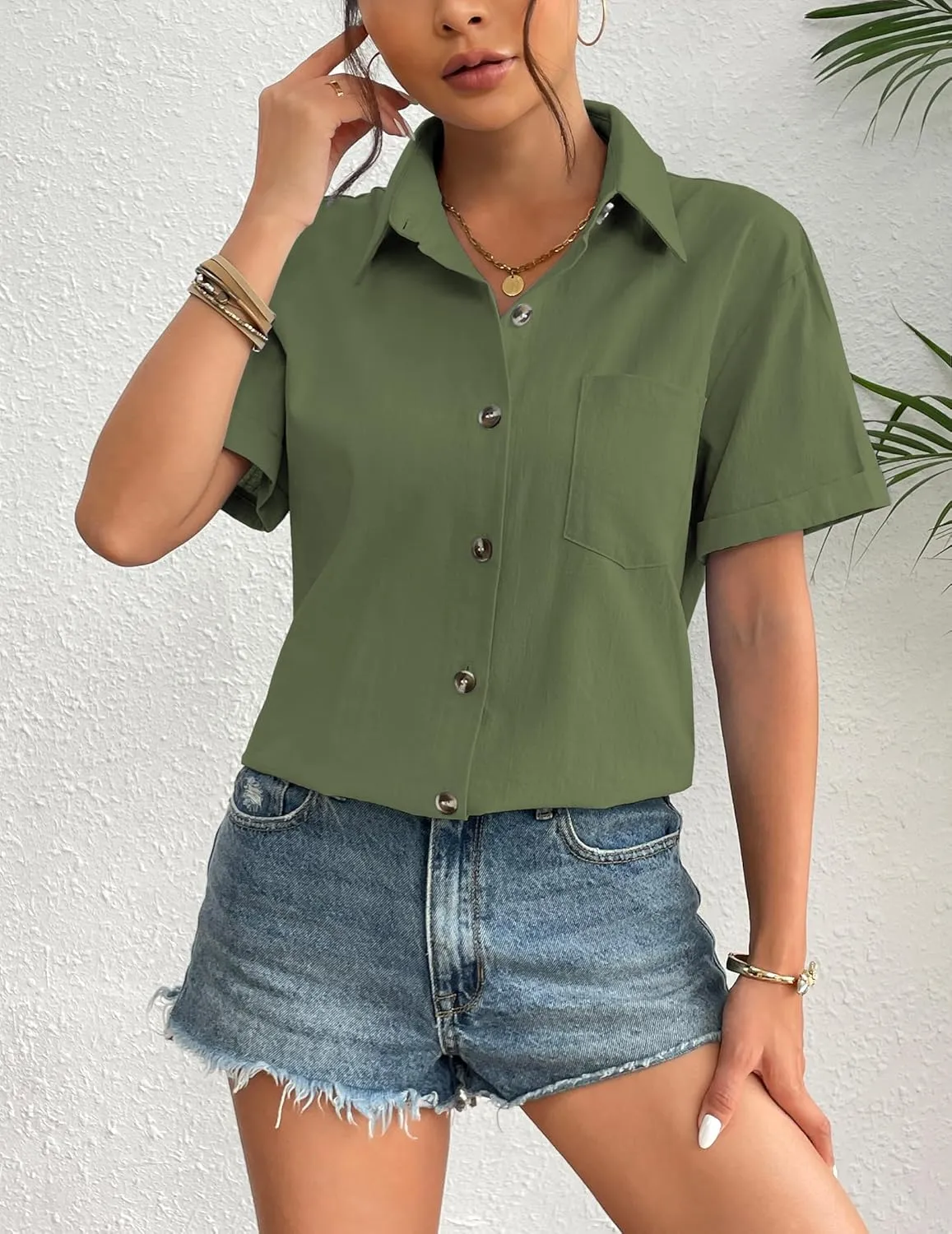 Zeagoo Womens Button Down Linen Shirt Short Sleeve Cotton Blouse
