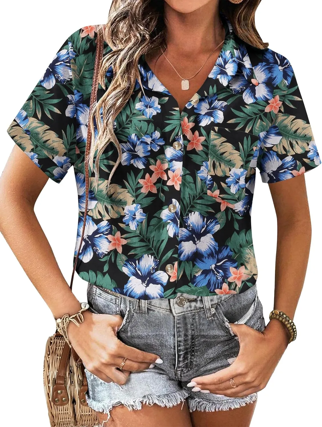 Zeagoo Womens Button Down Linen Shirt Short Sleeve Cotton Blouse