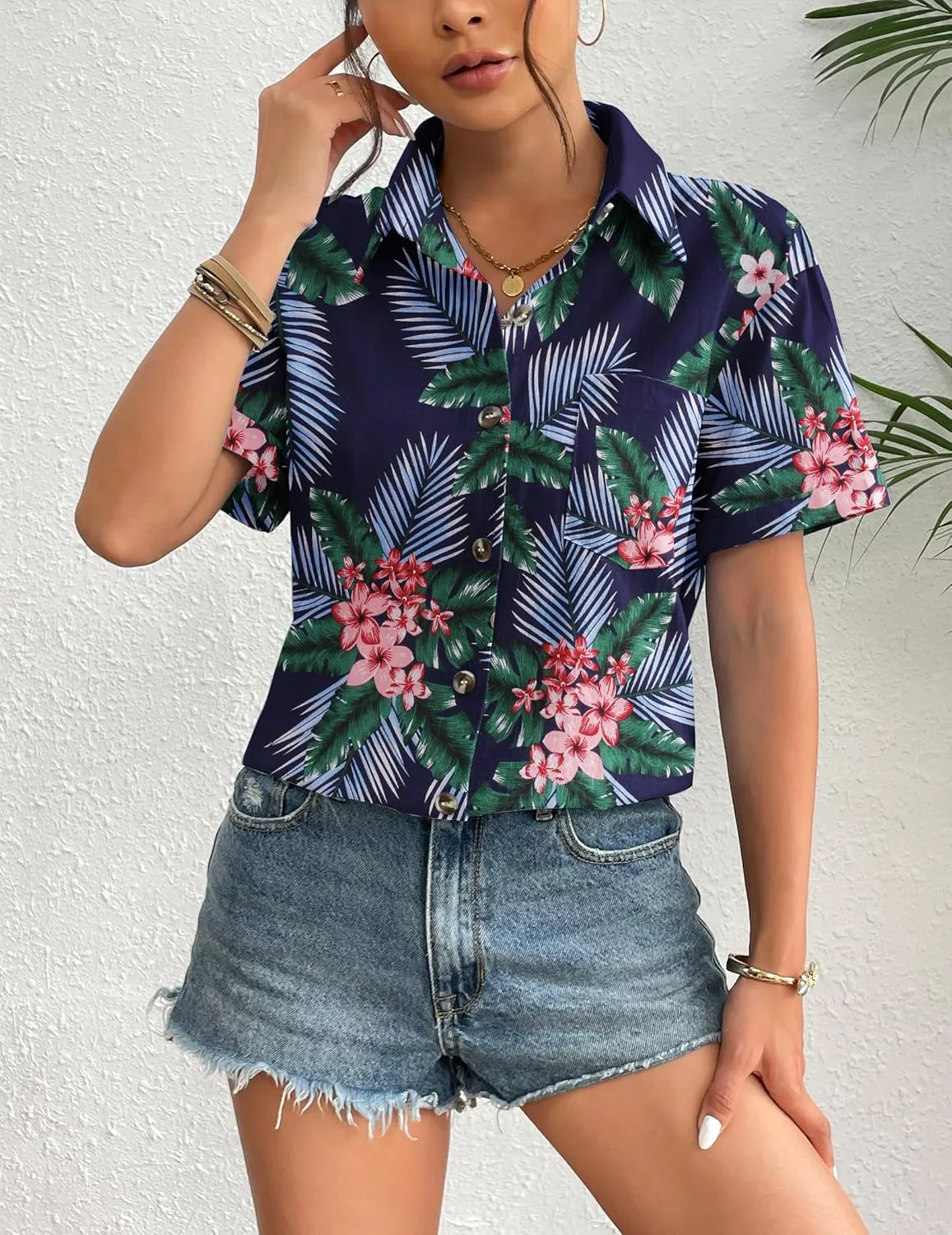 Zeagoo Womens Button Down Linen Shirt Short Sleeve Cotton Blouse