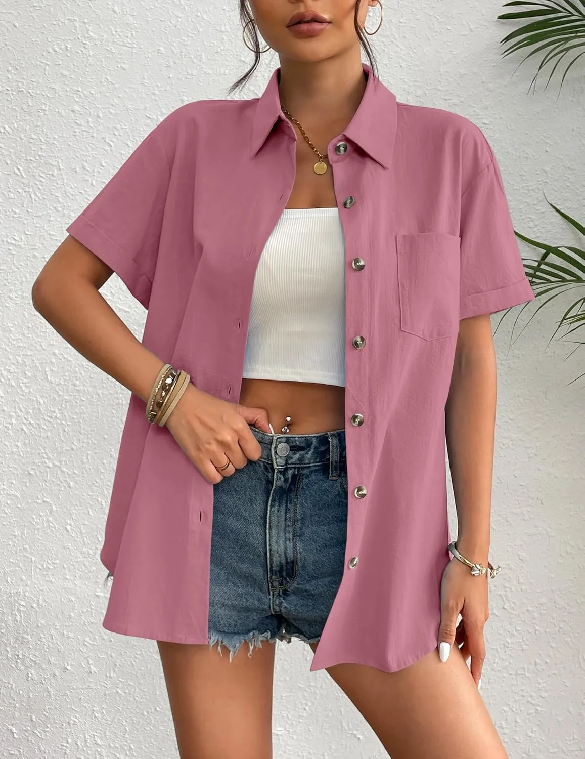 Zeagoo Womens Button Down Linen Shirt Short Sleeve Cotton Blouse